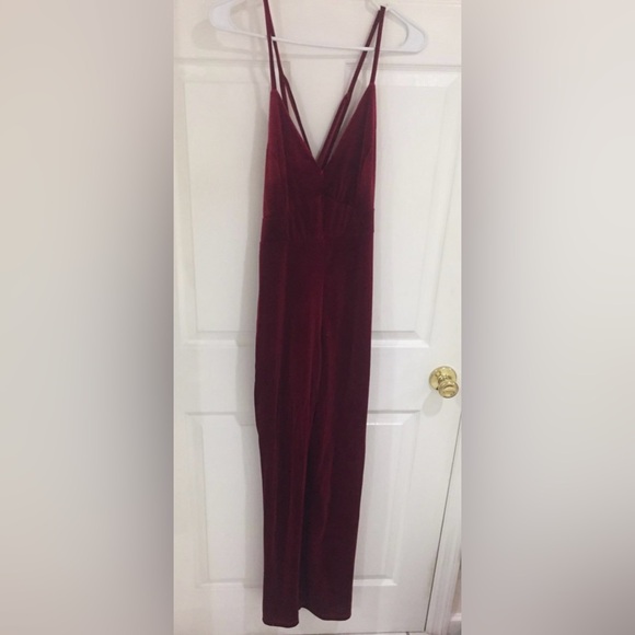 Adorable Burgundy Velvet Jumpsuit - Picture 2 of 6